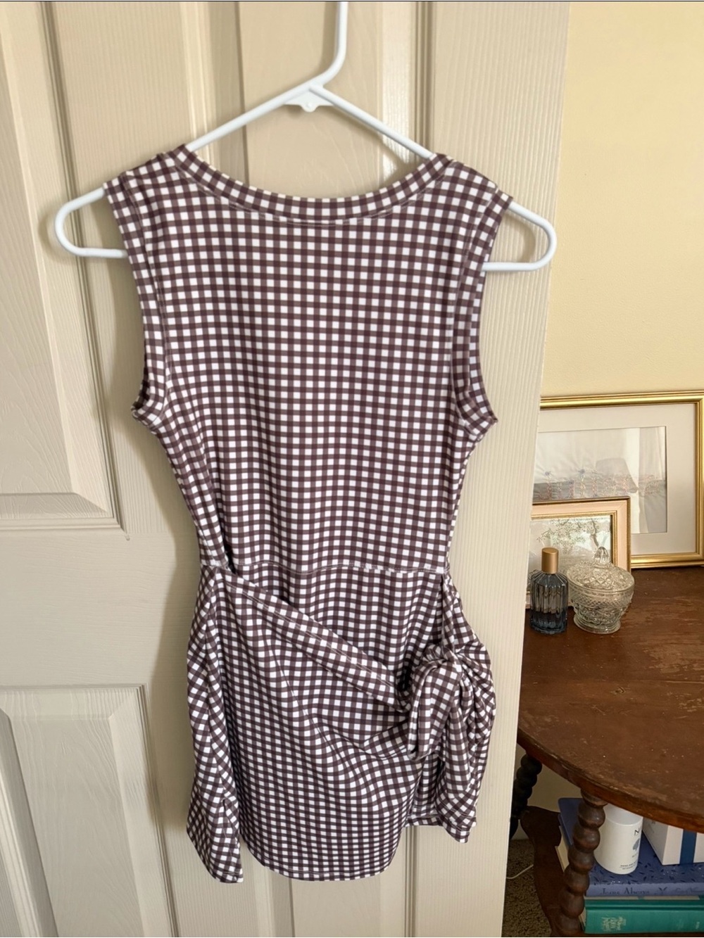 Brown Gingham Sleeveless Tie-Side Mini Dress